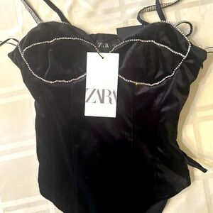 Zara Black Velvet Bodysuit with Silver Accents